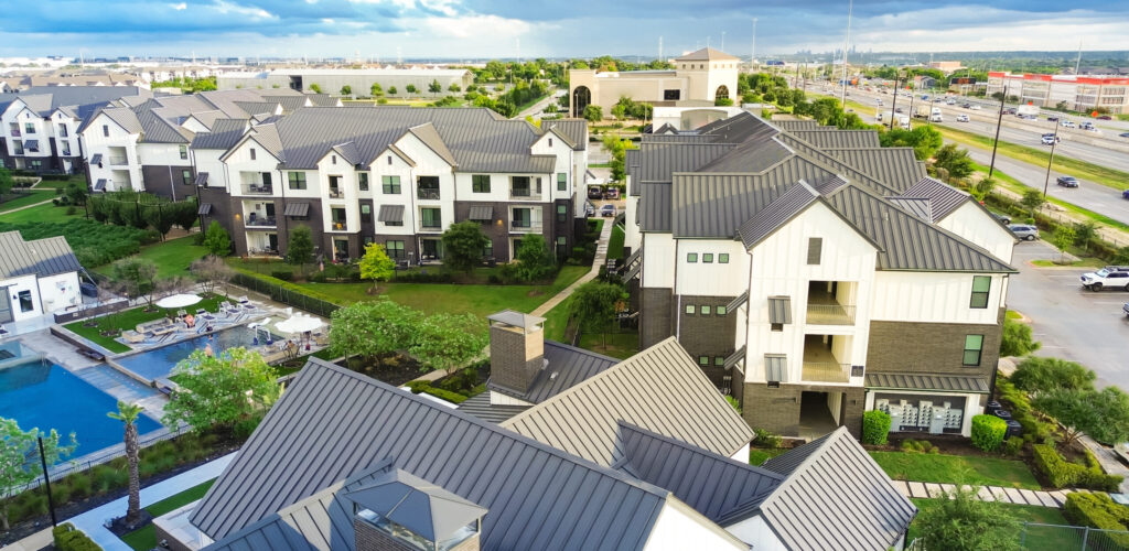 multi-family complex with low gloss matte metal roofing