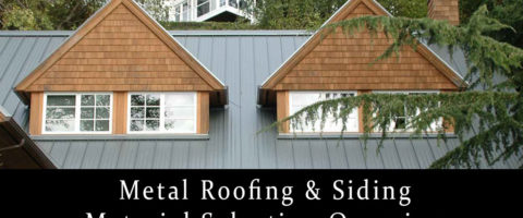 Residential roof line with painted metal roofing.