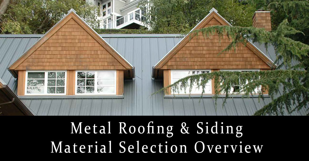 Residential roof line with painted metal roofing.