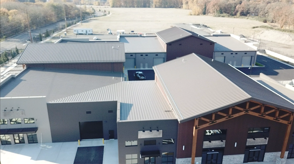 Spencer Creek Business Park in Port of Kalama, Washington, featuring Steelscape's Vintage and Rustic Rawhide metal finishes.