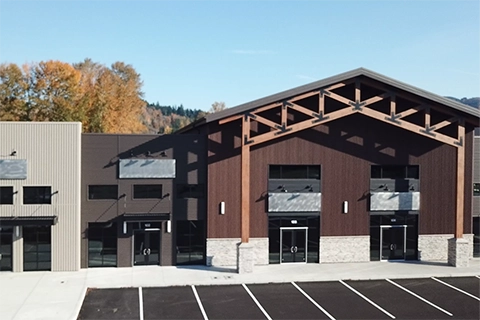 Spencer Creek Business Park in Port of Kalama, Washington, featuring Steelscape's Vintage and Rustic Rawhide metal finishes.