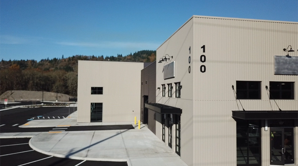 Spencer Creek Business Park in Port of Kalama, Washington, featuring Steelscape's Vintage and Rustic Rawhide metal finishes.