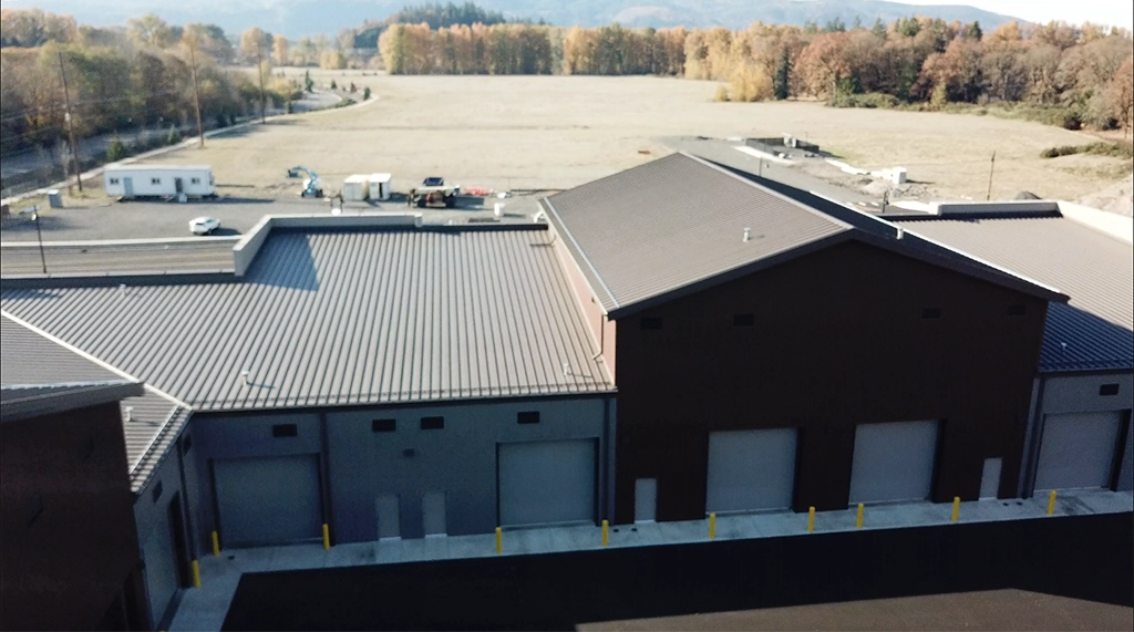 Spencer Creek Business Park in Port of Kalama, Washington, featuring Steelscape's Vintage and Rustic Rawhide metal finishes.