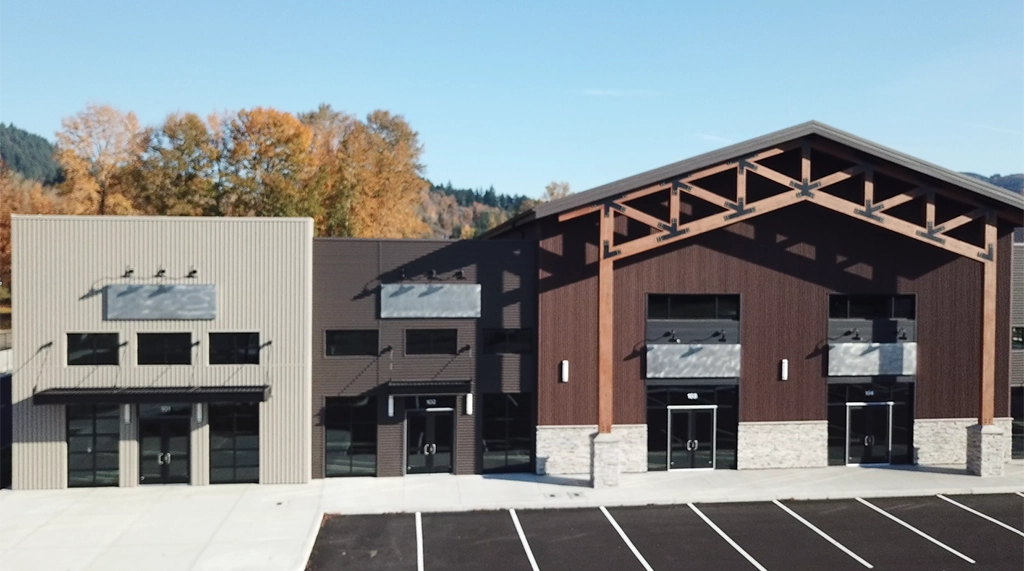 Spencer Creek Business Park in Port of Kalama, Washington, featuring Steelscape's Vintage and Rustic Rawhide metal finishes.